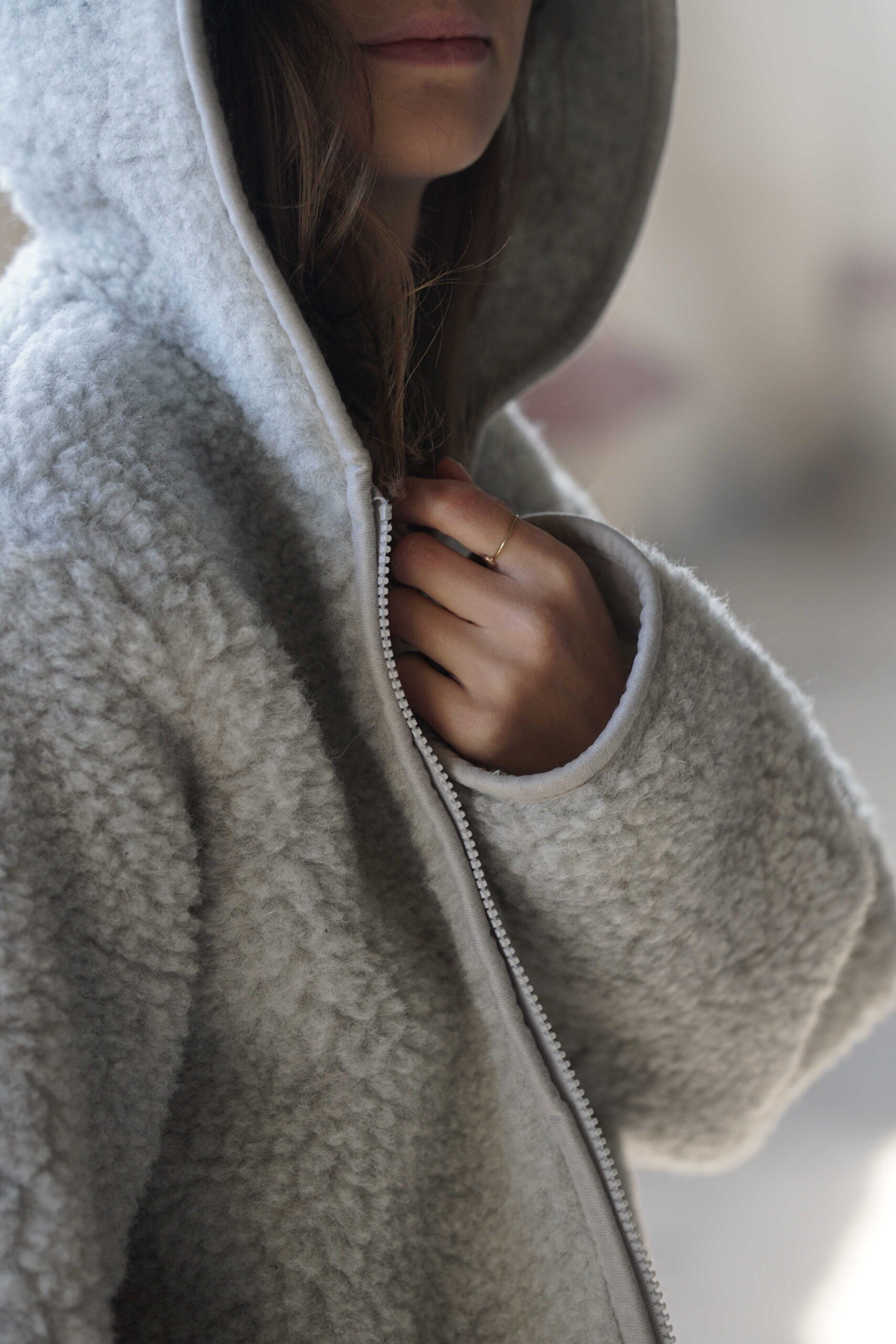 Grey hooded wool coat on sale